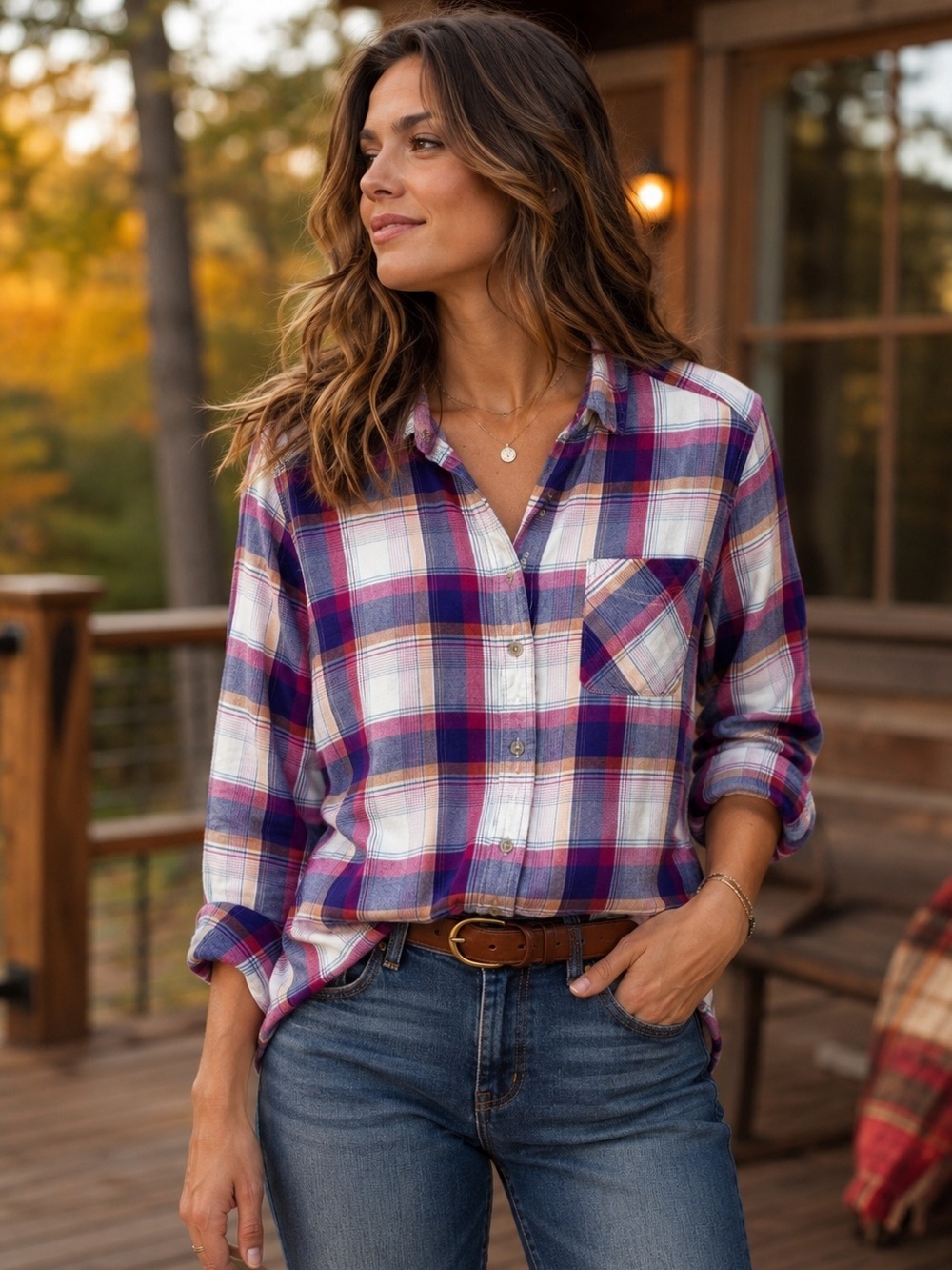 Eddie Bauer Rustic Plaid Pink Purple Orange Cozy Plaid Flannel Shirt Size Medium